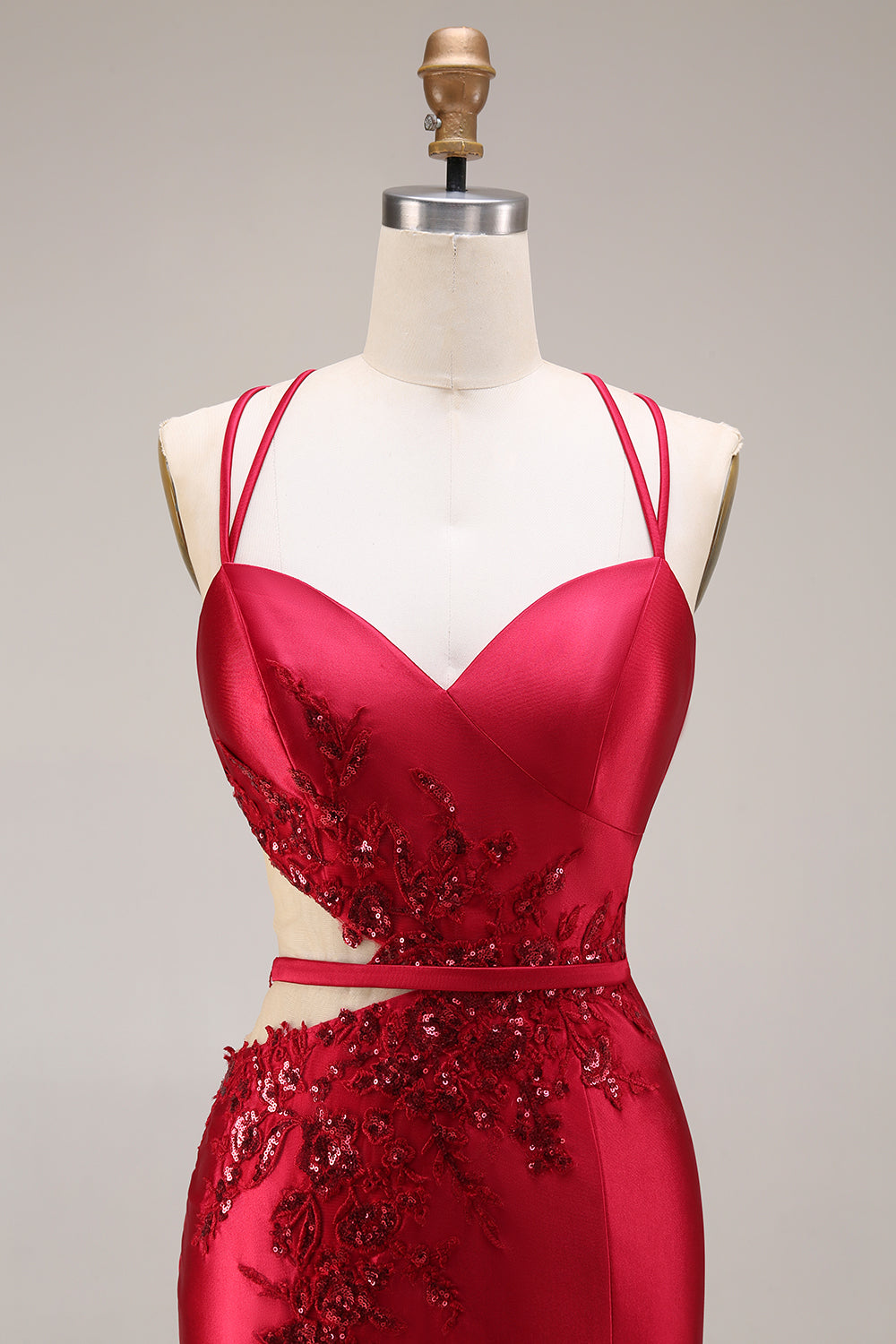 Sparkly Red Satin Mermaid Appliqued Cut Out Long Prom Dress with Slit