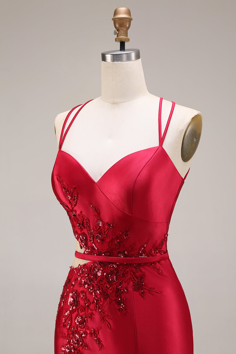 Sparkly Red Satin Mermaid Appliqued Cut Out Long Prom Dress with Slit