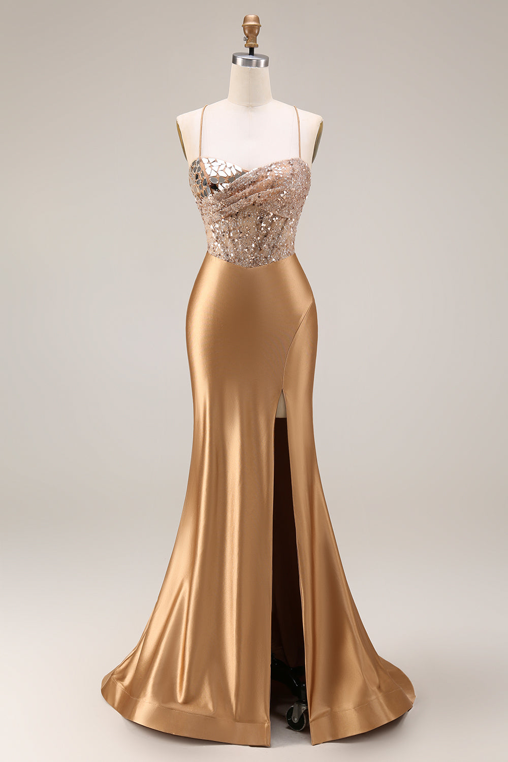 Sparkly Gold Satin Mermaid Mirror Sequins Long Corset Prom Dress with Slit