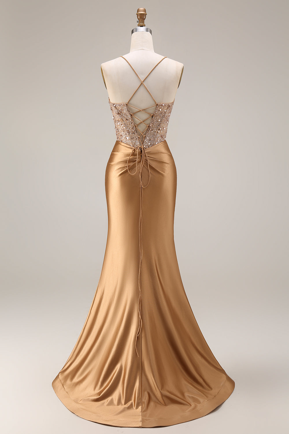 Sparkly Gold Satin Mermaid Mirror Sequins Long Corset Prom Dress with Slit