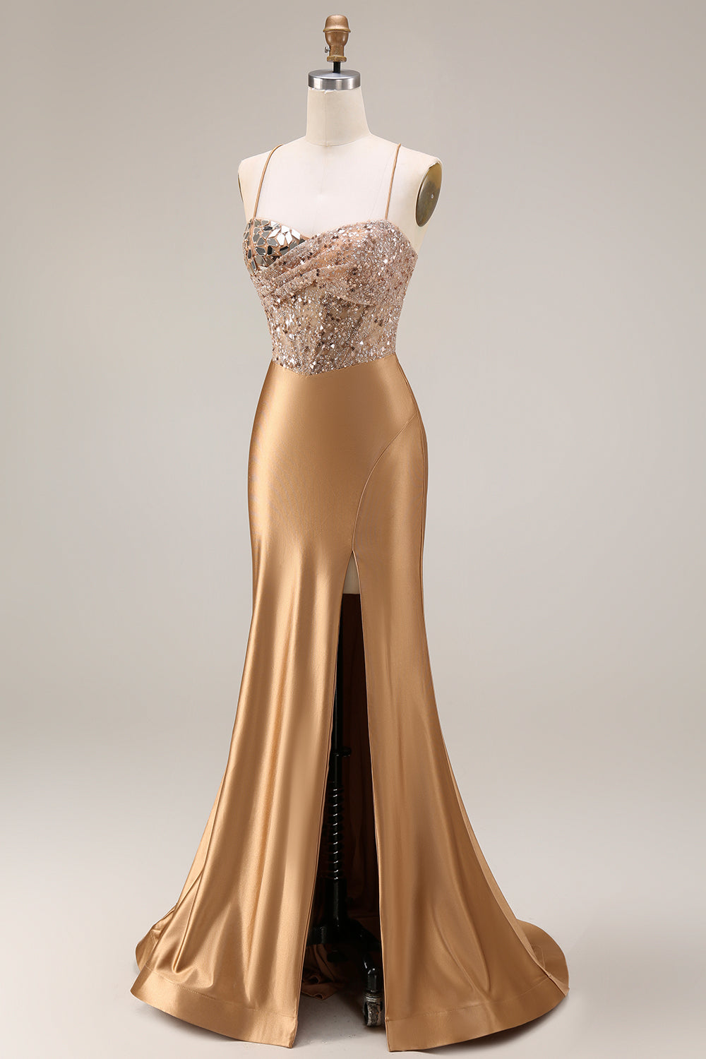 Sparkly Gold Satin Mermaid Mirror Sequins Long Corset Prom Dress with Slit