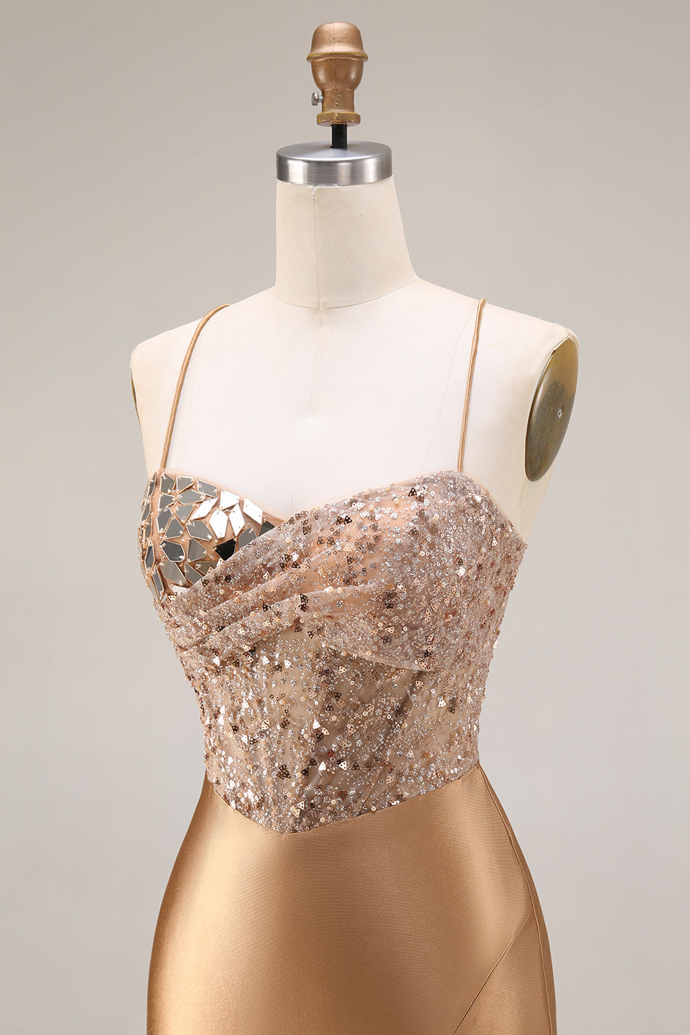 Sparkly Gold Satin Mermaid Mirror Sequins Long Corset Prom Dress with Slit