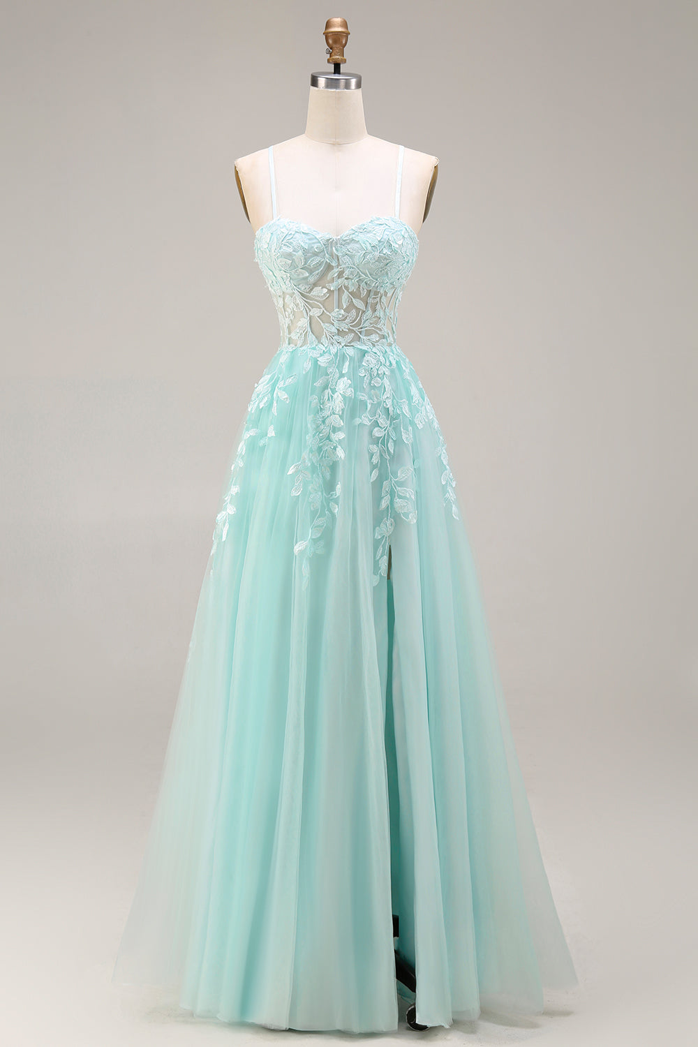 Mint Tulle Appliqued A Line Long Corset Prom Dress with Slit