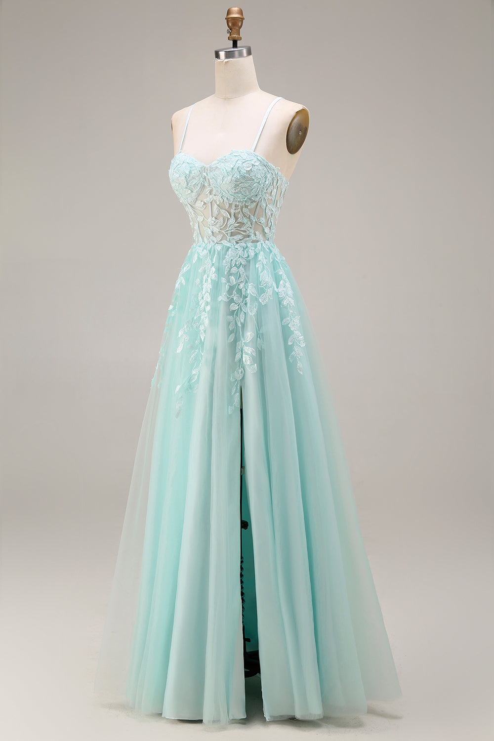 Mint Tulle Appliqued A Line Long Corset Prom Dress with Slit