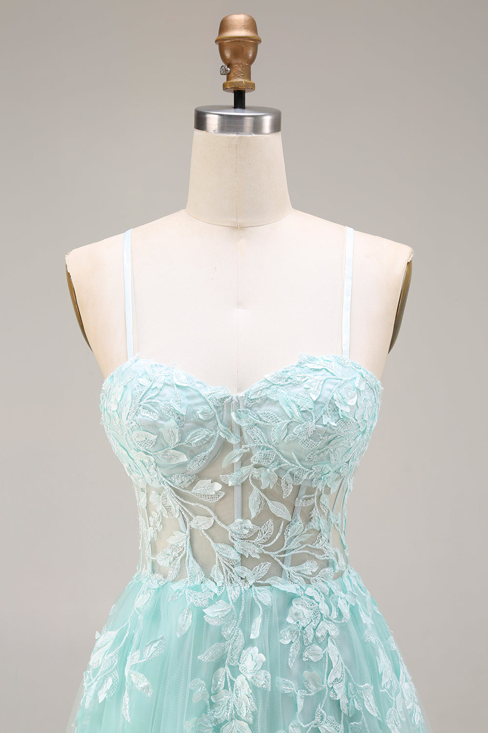 Mint Tulle Appliqued A Line Long Corset Prom Dress with Slit