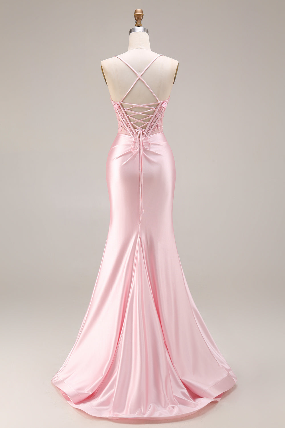 Sparkly Pink Satin Mermaid Beaded Long Corset Prom Dress with 3D Flowers