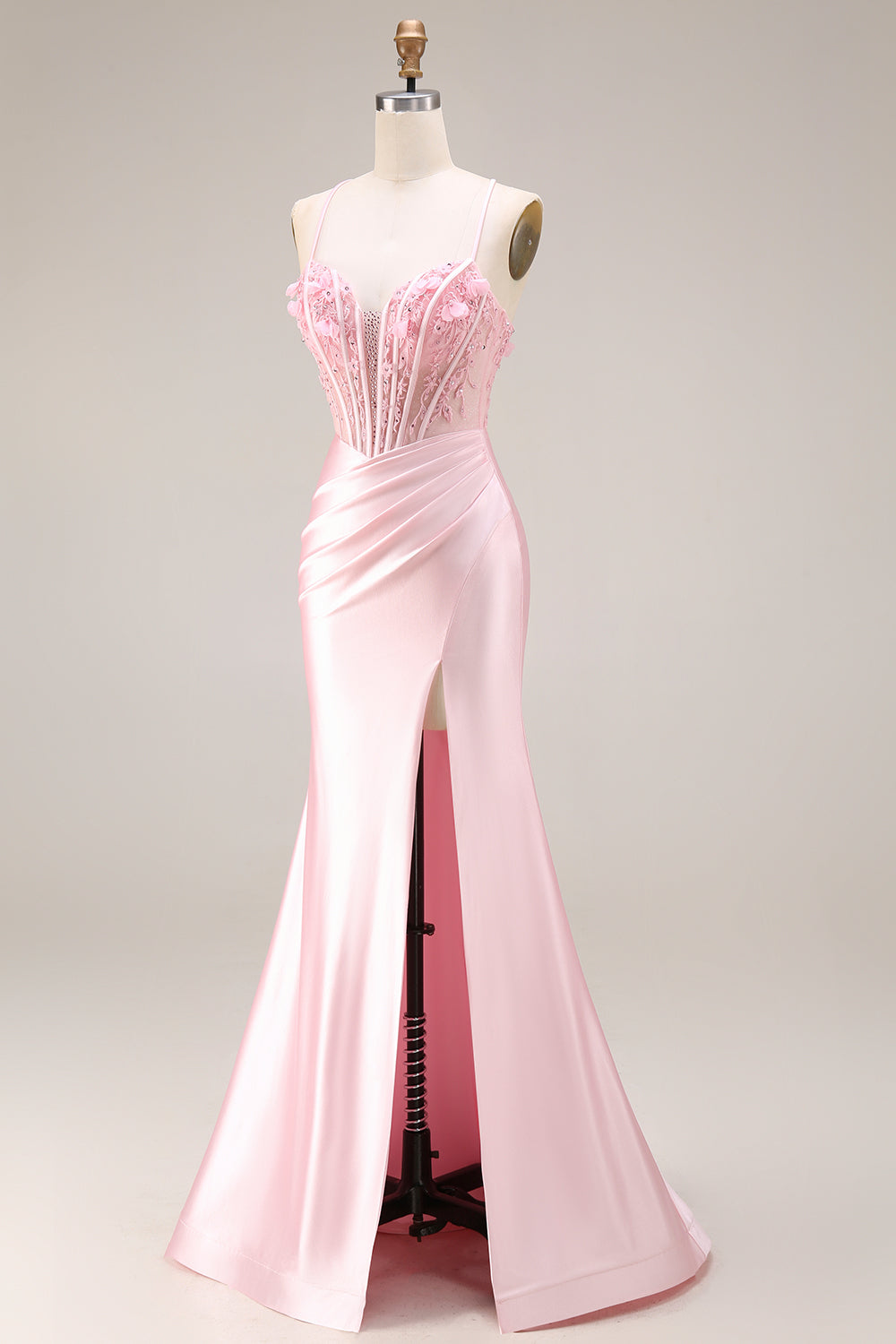 Sparkly Pink Satin Mermaid Beaded Long Corset Prom Dress with 3D Flowers