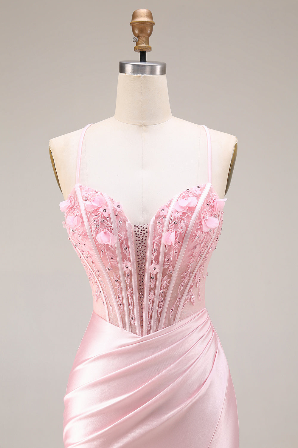 Sparkly Pink Satin Mermaid Beaded Long Corset Prom Dress with 3D Flowers