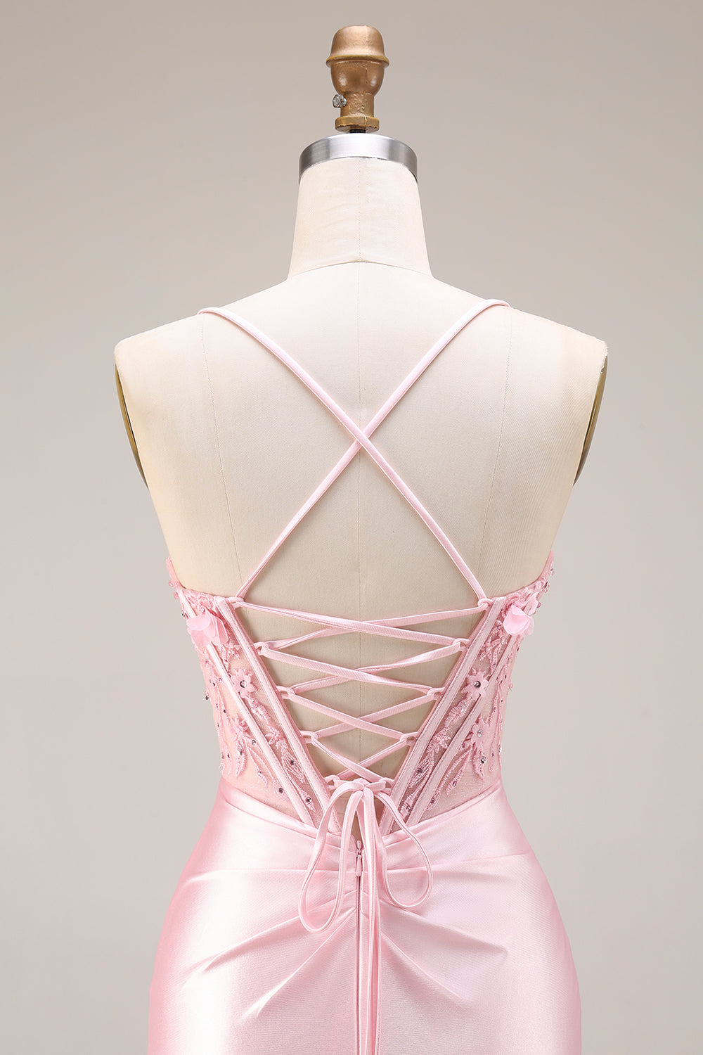 Sparkly Pink Satin Mermaid Beaded Long Corset Prom Dress with 3D Flowers