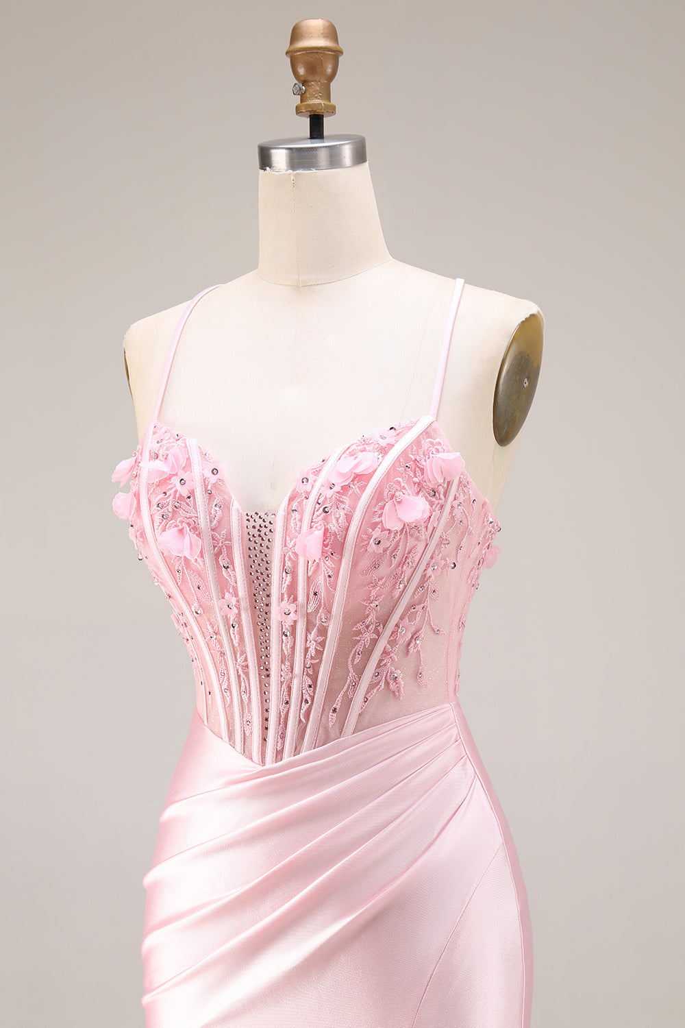 Sparkly Pink Satin Mermaid Beaded Long Corset Prom Dress with 3D Flowers
