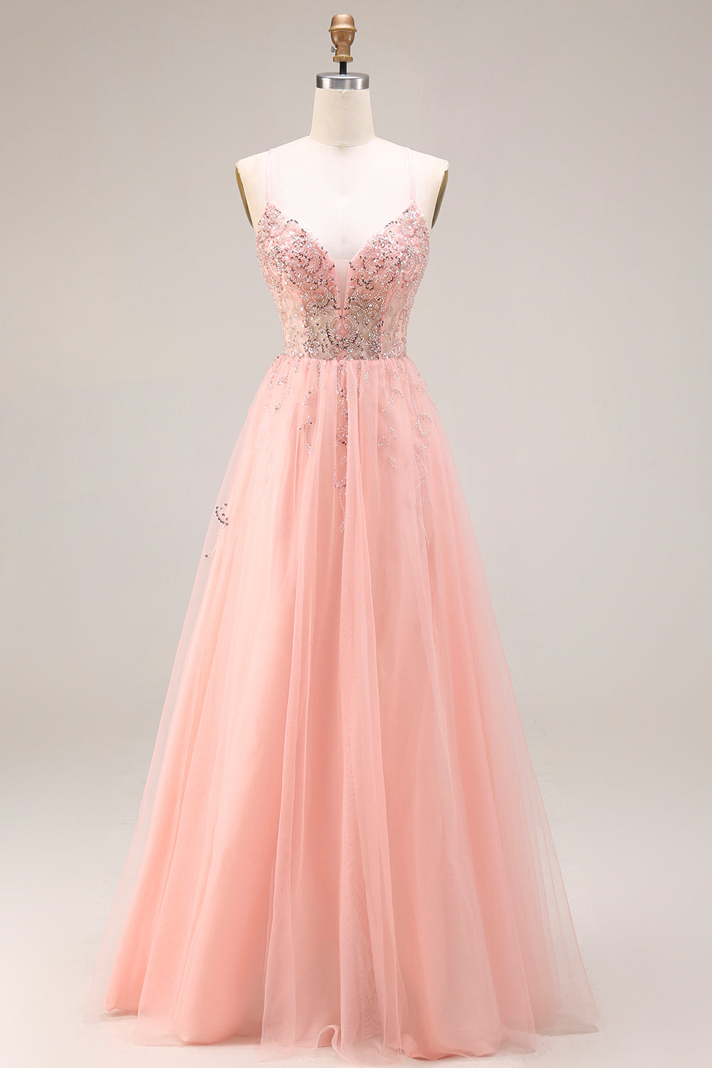 Sparkly Watermelon Tulle A Line Long Corset Prom Dress with Beading