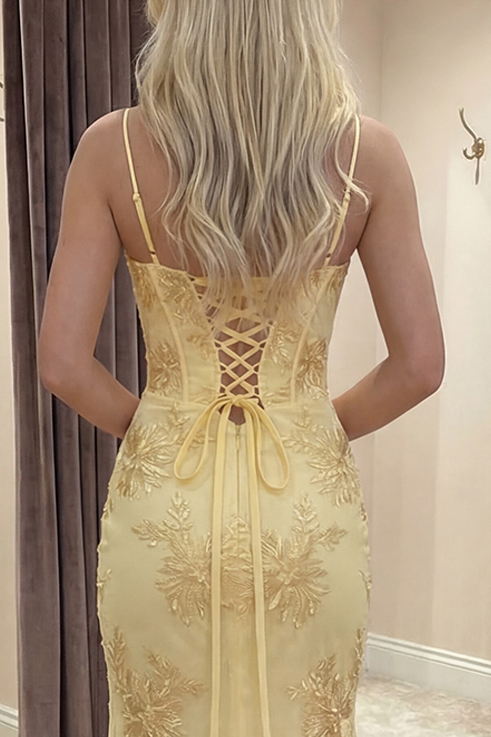 Yellow Mermaid Floral Long Corset Prom Dress with Slit