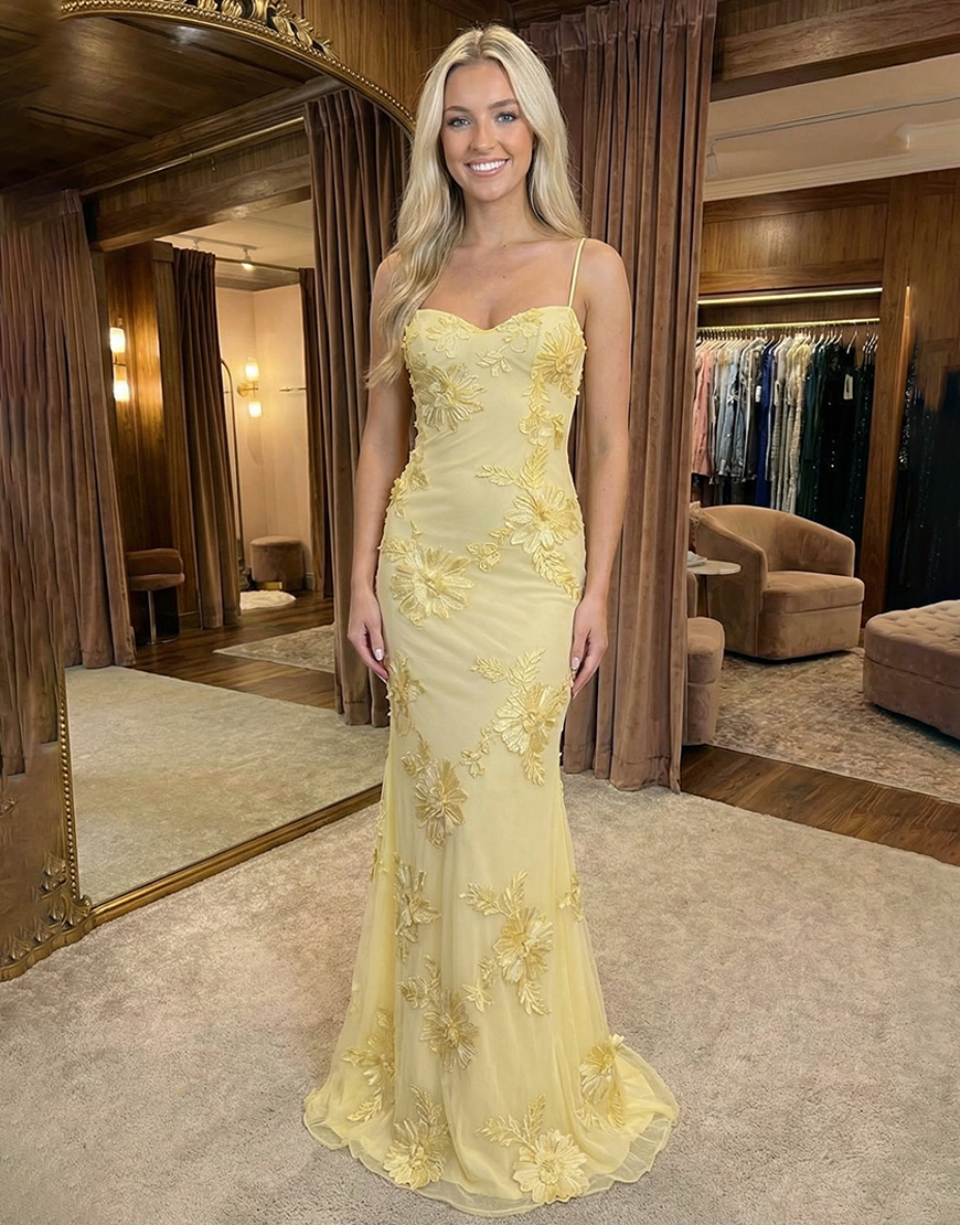 Yellow Floral Spaghetti Straps Mermaid Long Prom Dress with Appliques