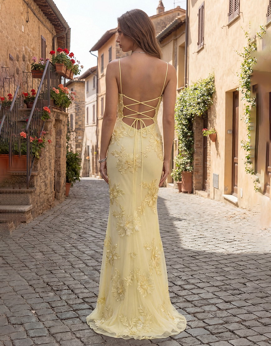 Yellow Floral Spaghetti Straps Mermaid Long Prom Dress with Appliques