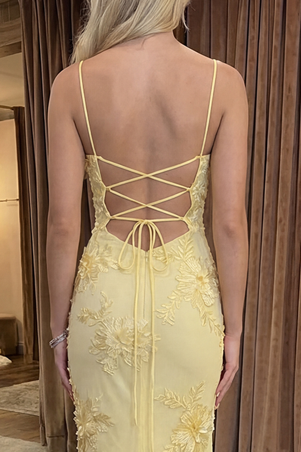 Yellow Floral Spaghetti Straps Mermaid Long Prom Dress with Appliques