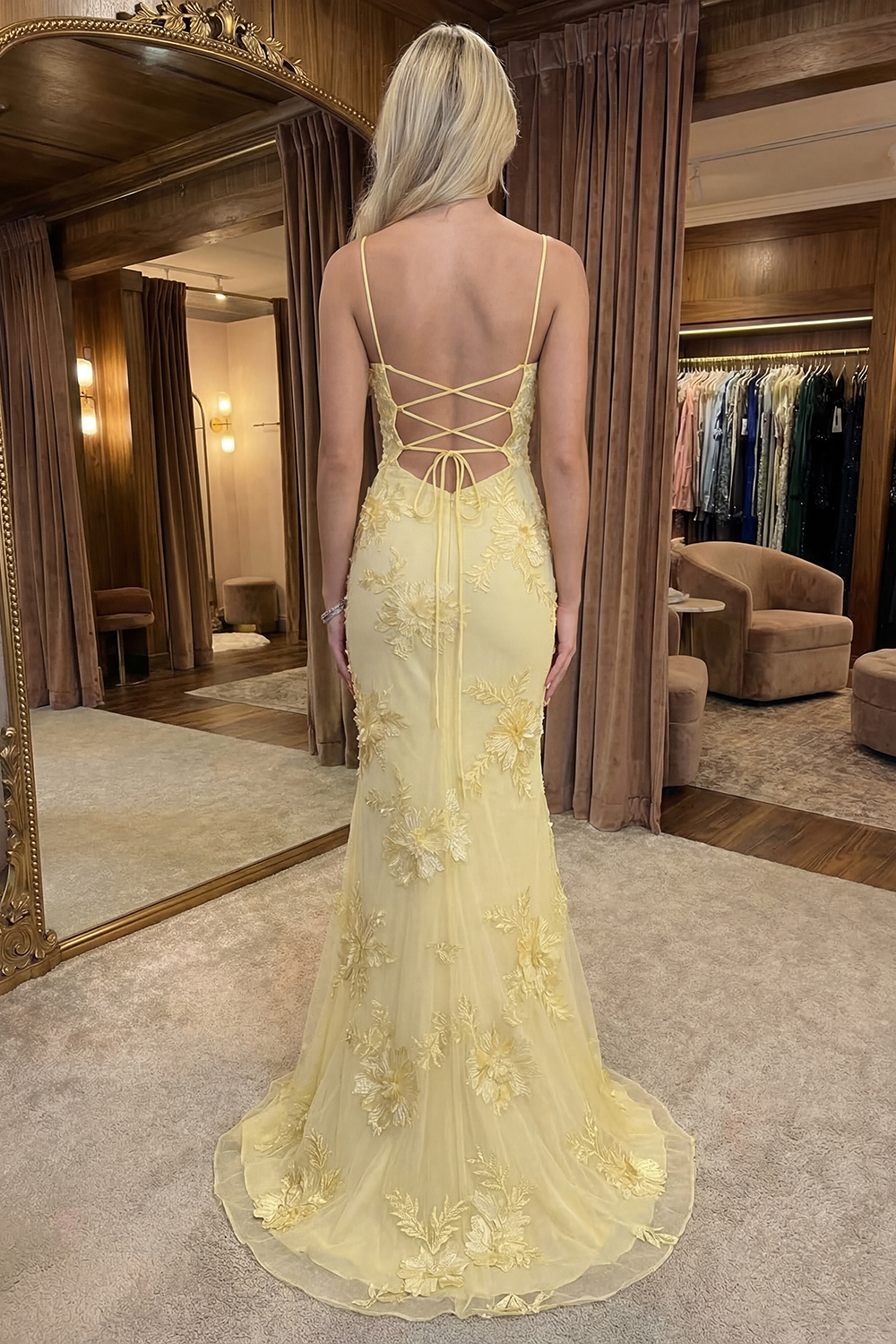 Yellow Floral Spaghetti Straps Mermaid Long Prom Dress with Appliques