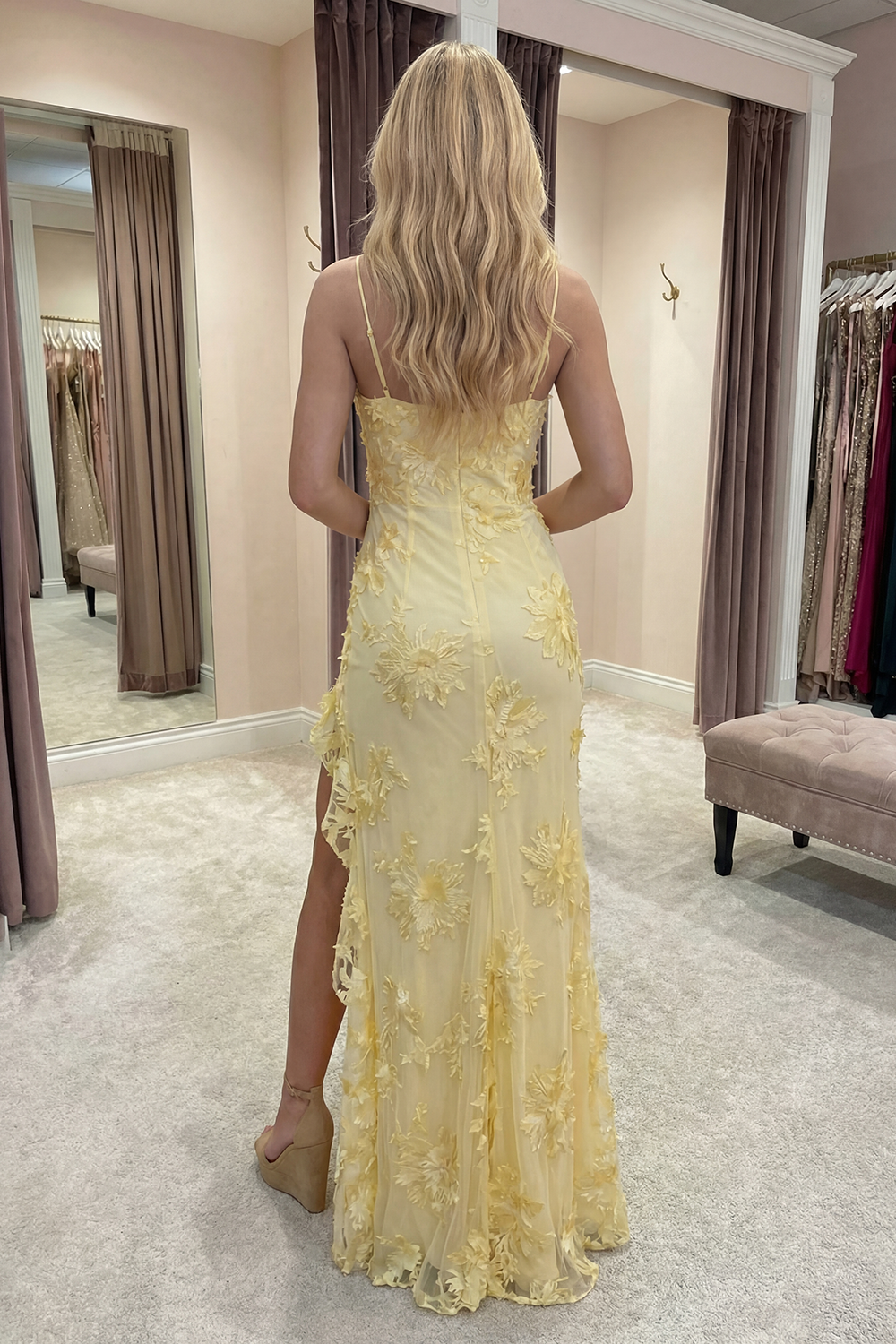 Yellow Mermiad Floral Long Ruffled Prom Dress with Slit