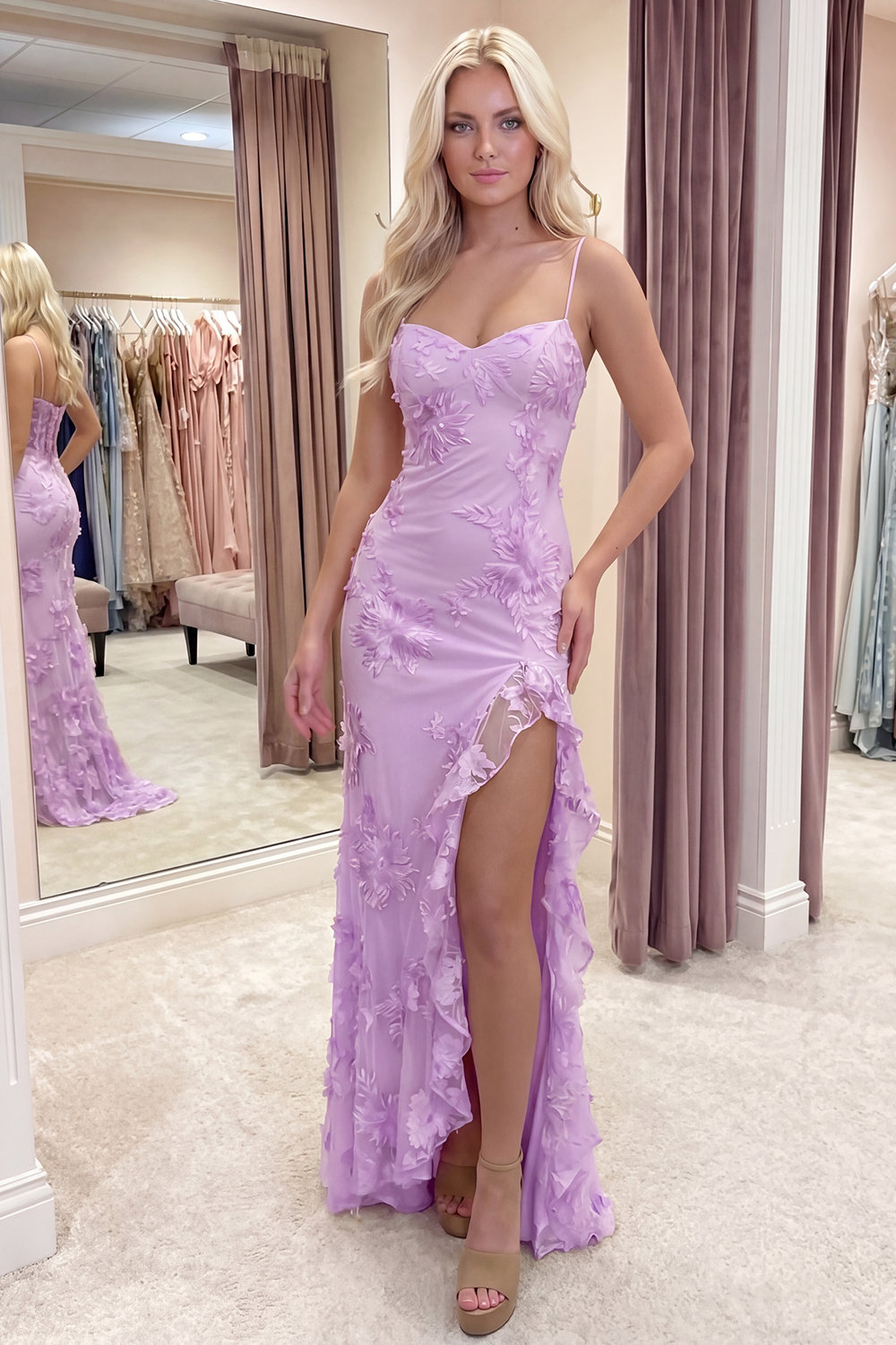 Yellow Mermiad Floral Long Ruffled Prom Dress with Slit