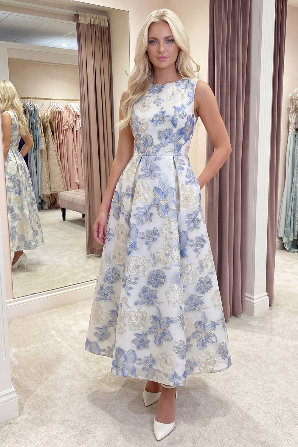 Floral Dusty Blue A Line Jacquard Long Prom Dress with Pocket