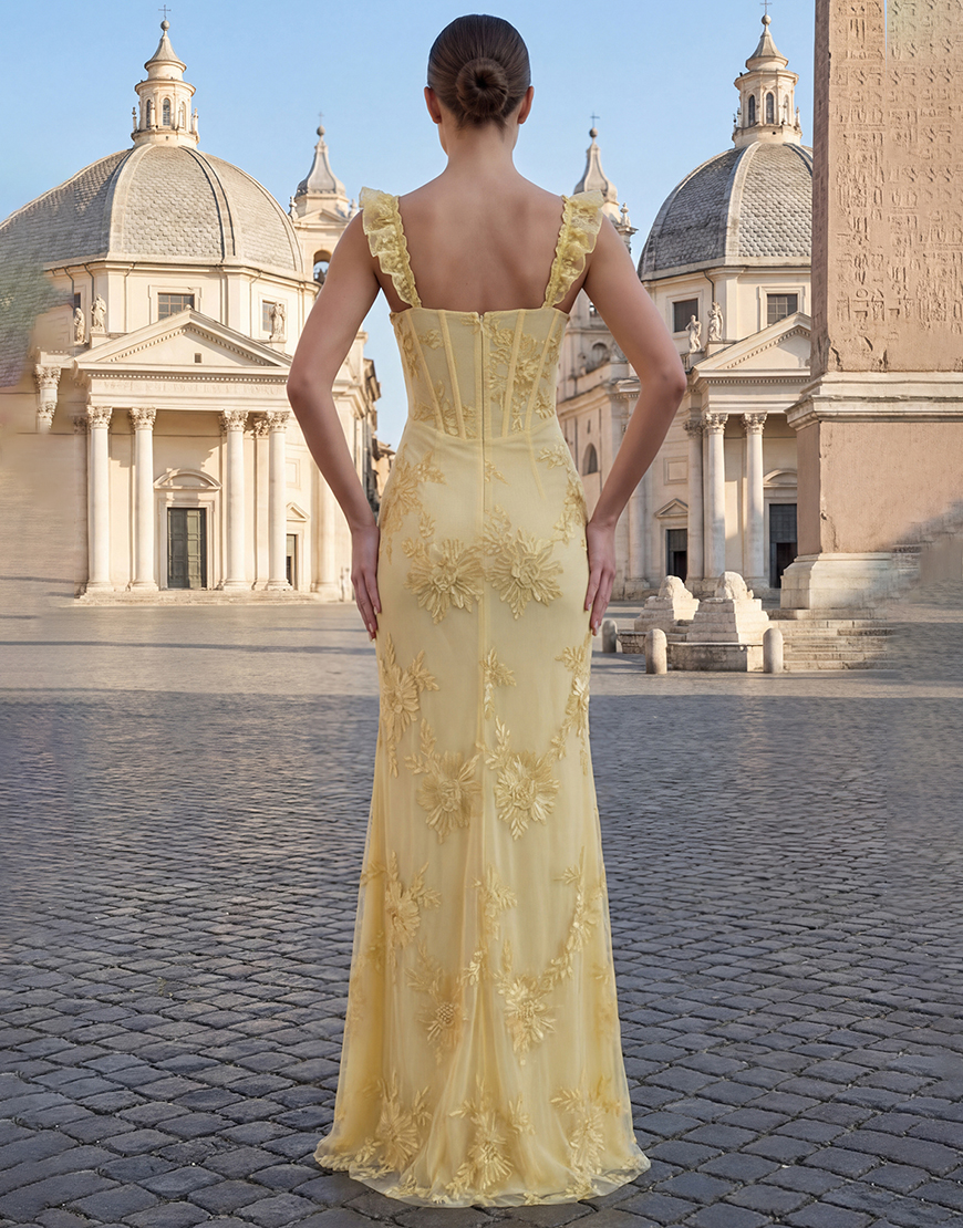 Yellow Corset Mermaid Long Floral Prom Dress with Ruffles