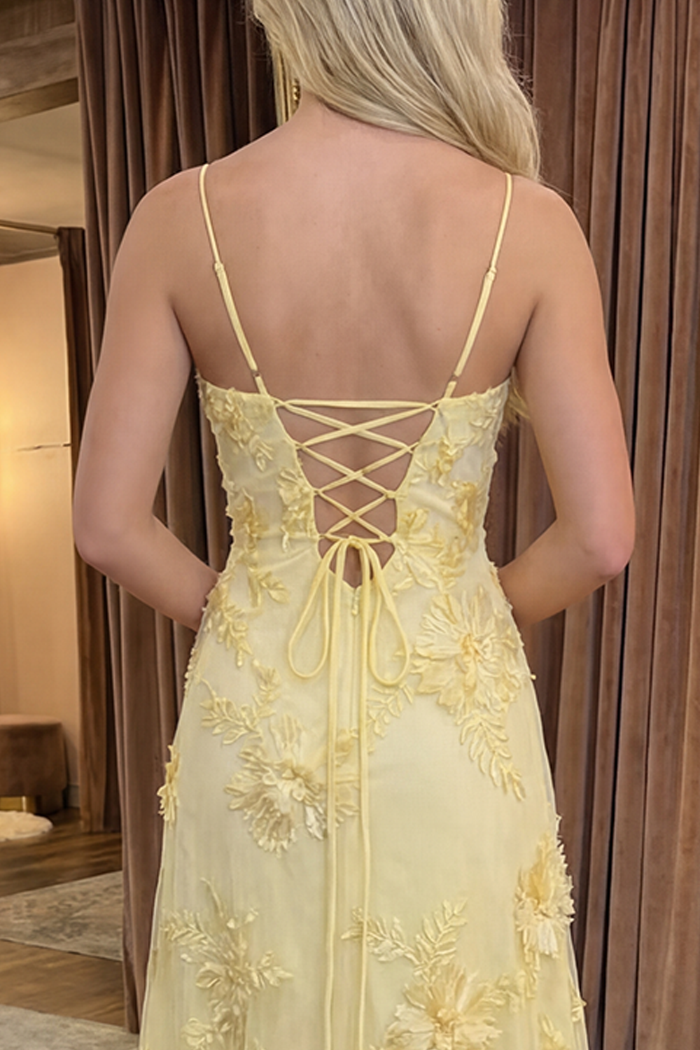 Yellow A Line Floral Spaghetti Straps Long Prom Dress