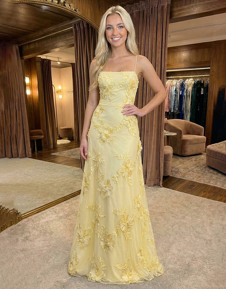 Yellow A Line Floral Spaghetti Straps Long Prom Dress