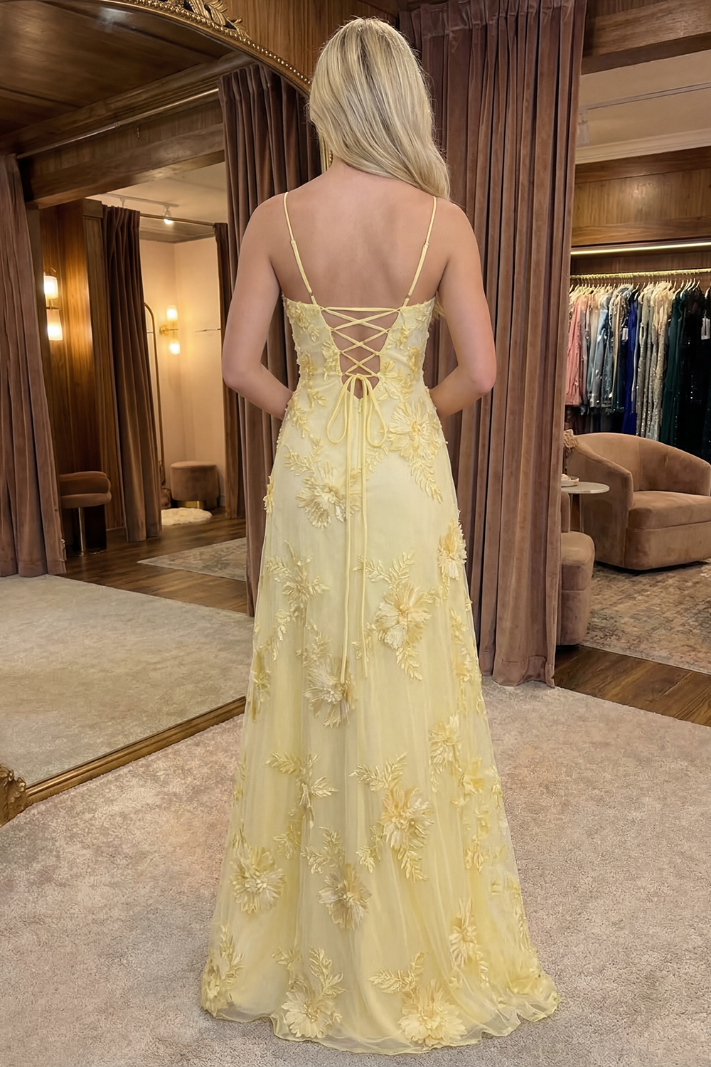Yellow A Line Floral Spaghetti Straps Long Prom Dress