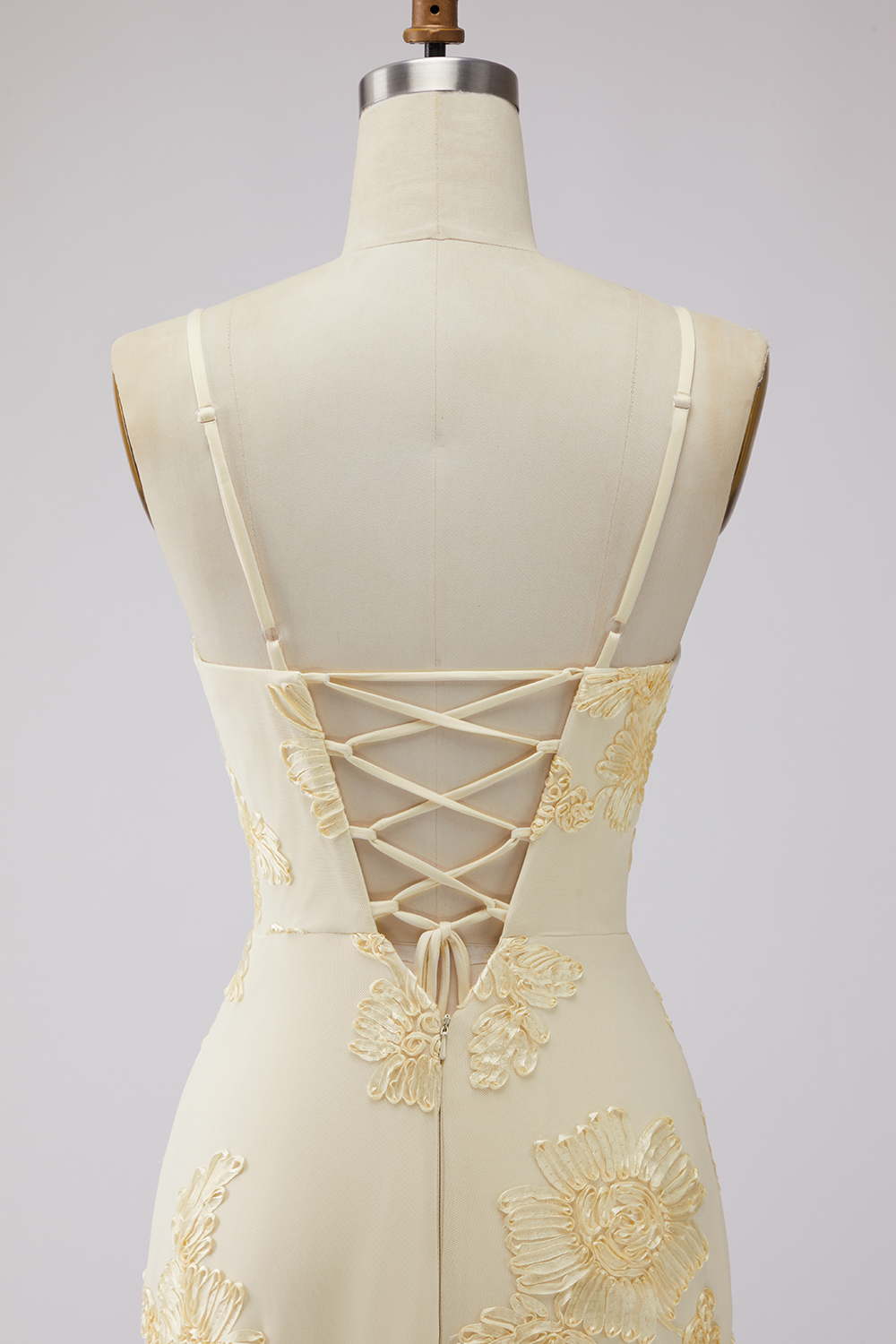 Yellow A Line Floral Spaghetti Straps Long Prom Dress