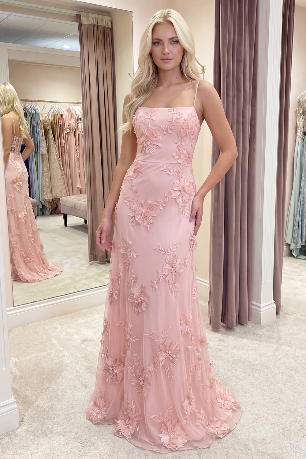 Yellow A Line Floral Spaghetti Straps Long Prom Dress