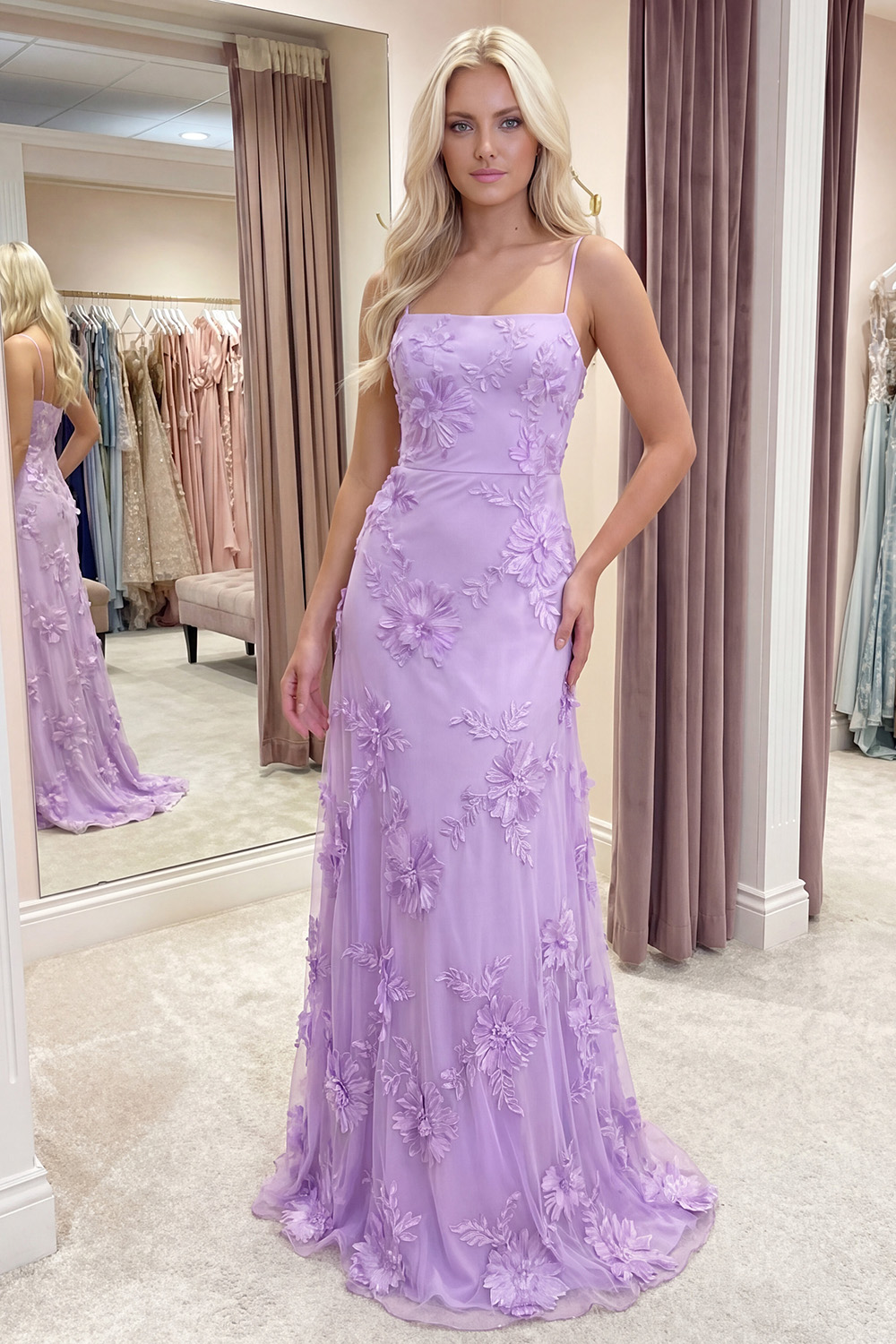 Yellow A Line Floral Spaghetti Straps Long Prom Dress