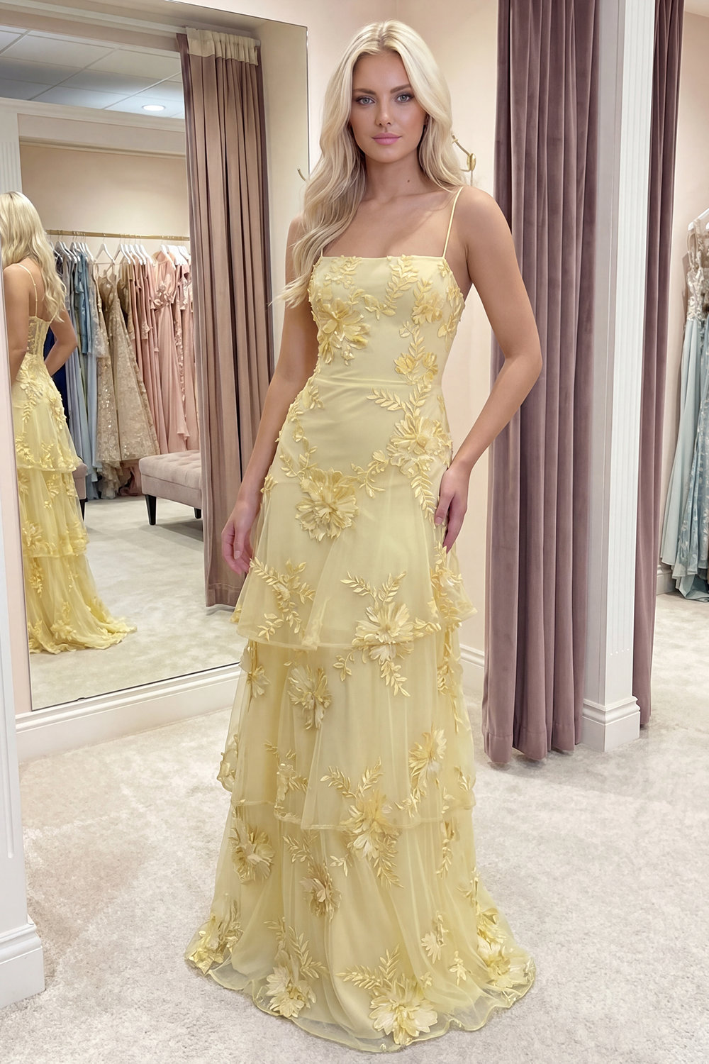 Yellow Floral A Line Tiered Long Prom Dress with Ruffles
