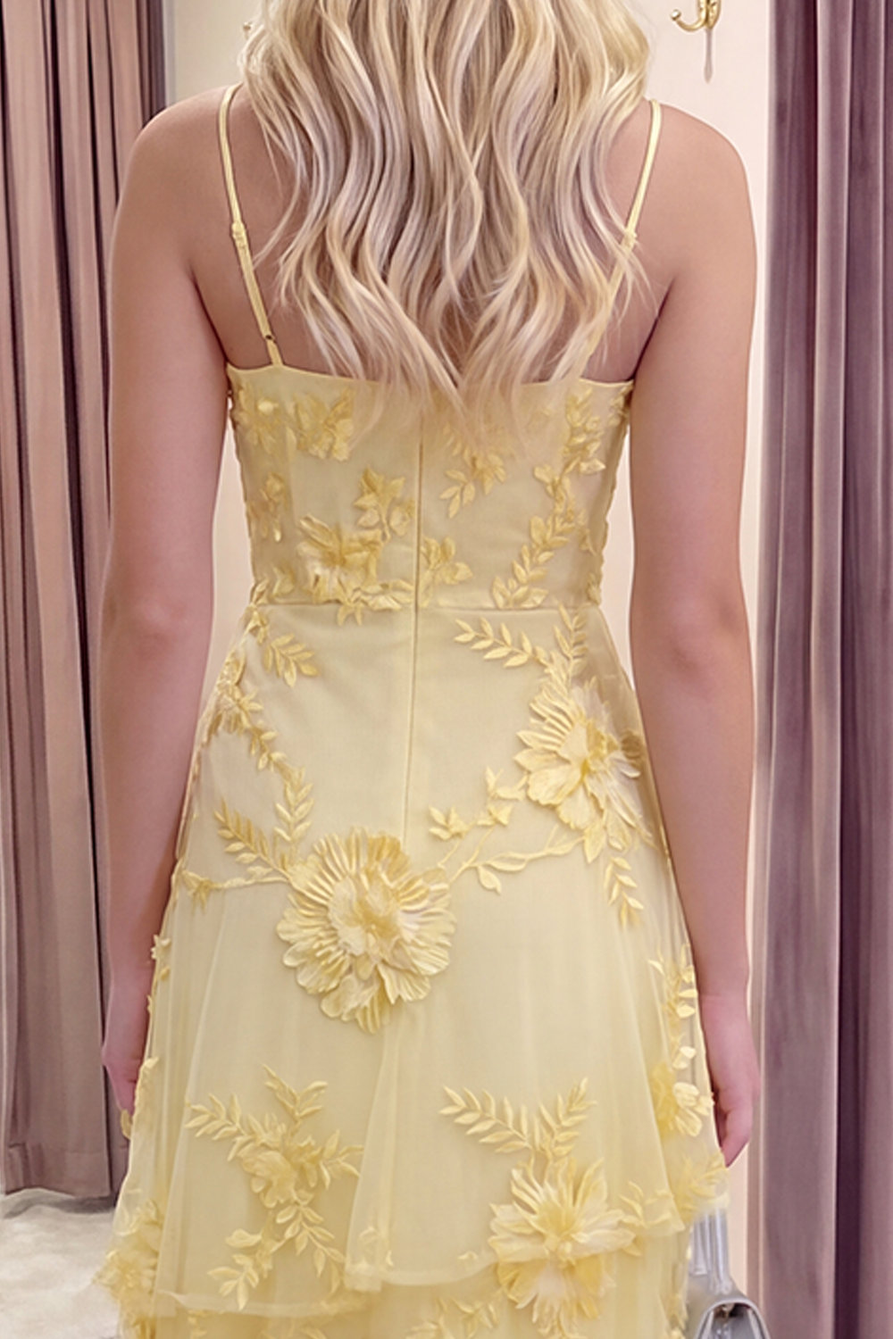 Yellow Floral A Line Tiered Long Prom Dress with Ruffles
