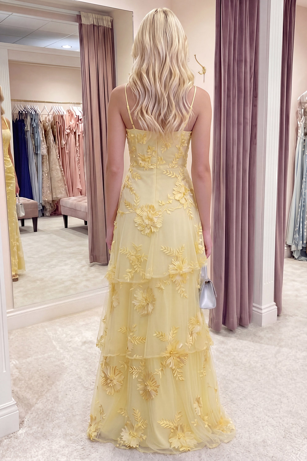 Yellow Floral A Line Tiered Long Prom Dress with Ruffles