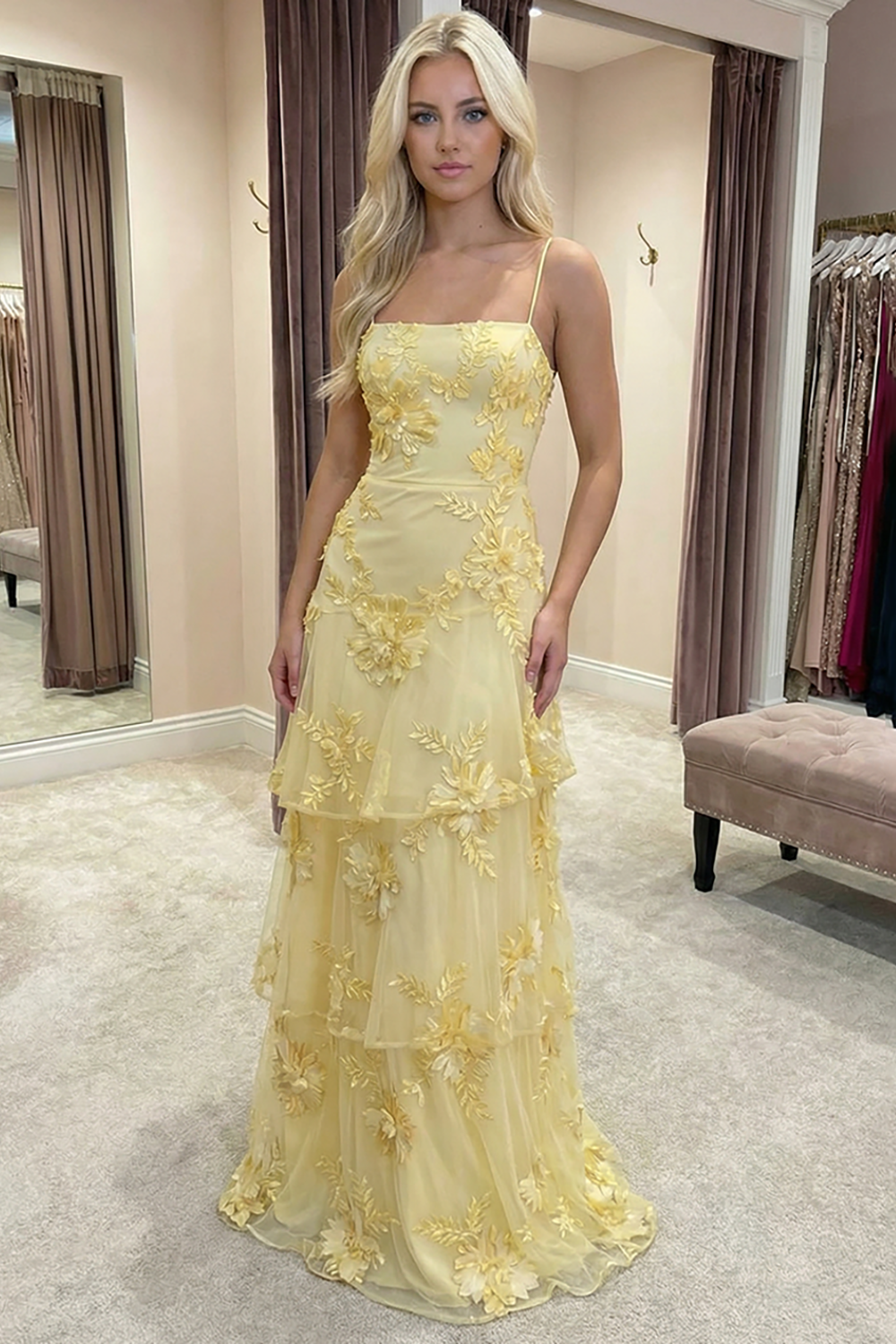 Yellow Floral A Line Tiered Long Prom Dress with Ruffles