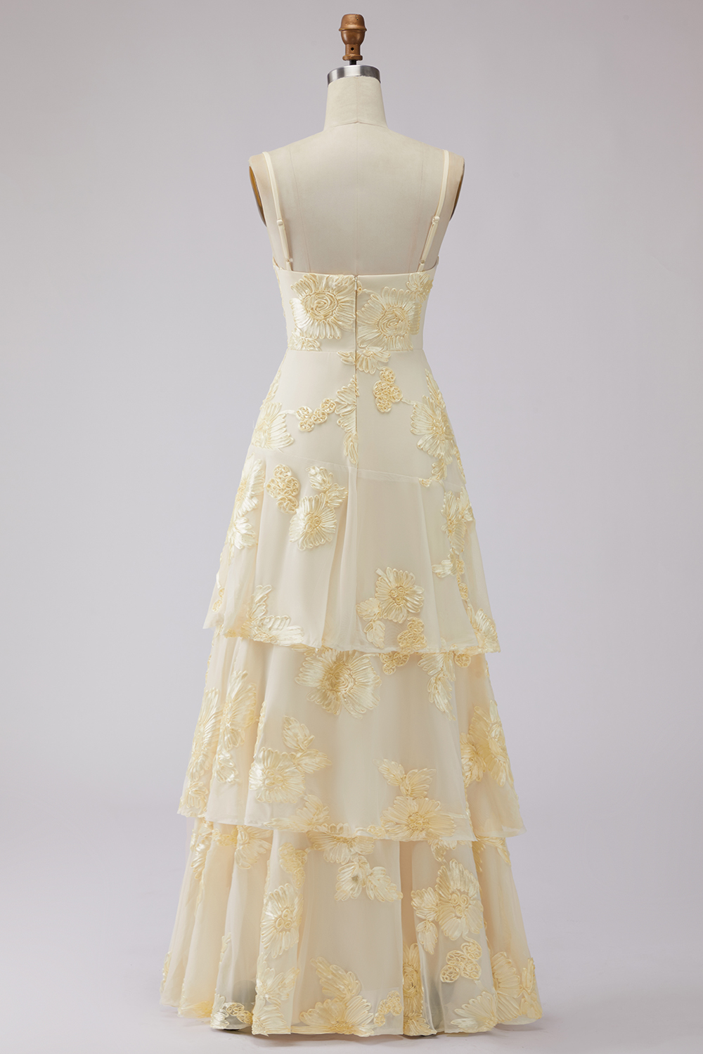 Yellow Floral A Line Tiered Long Prom Dress with Ruffles