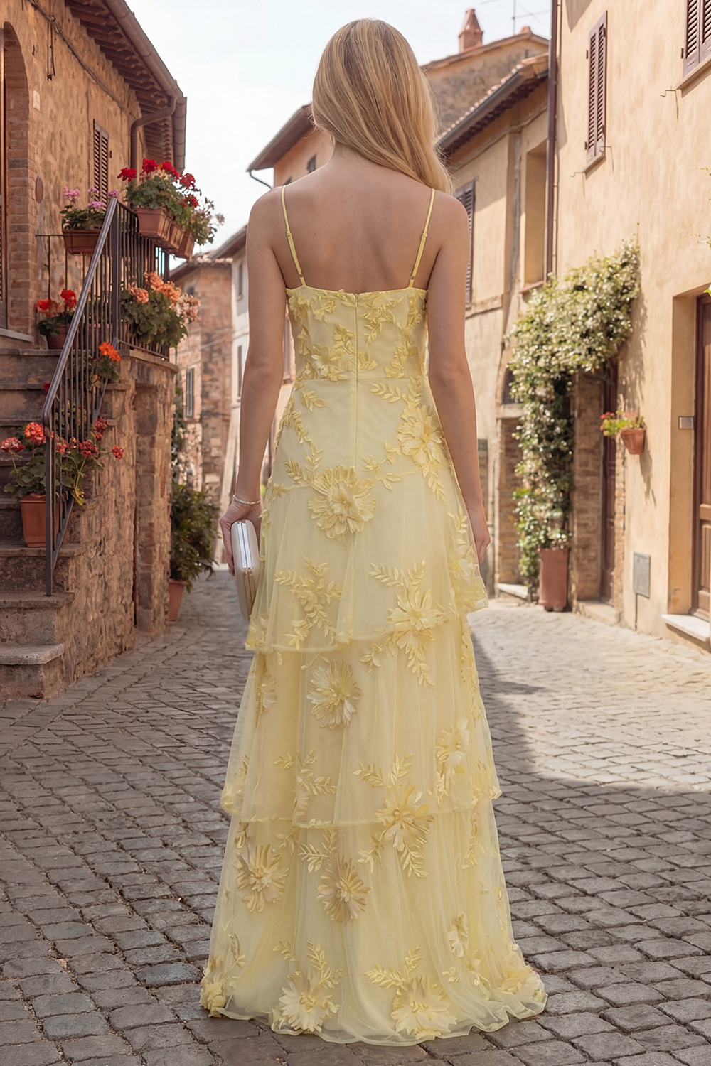 Yellow Floral A Line Tiered Long Prom Dress with Ruffles