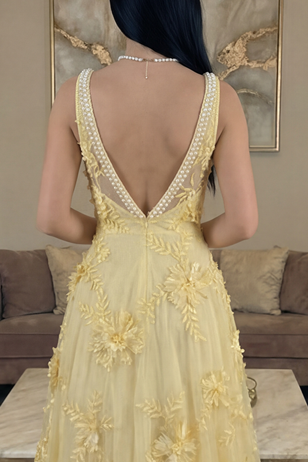 Sparkly Blush Floral Beaded A Line Square Neck Long Prom Dress