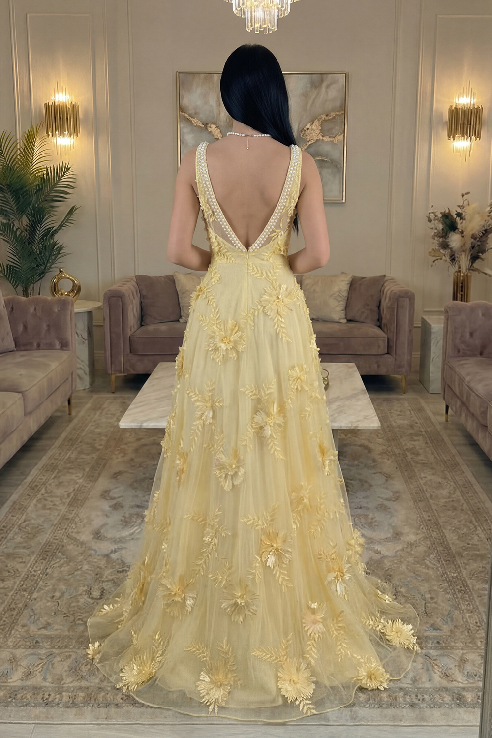 Sparkly Blush Floral Beaded A Line Square Neck Long Prom Dress