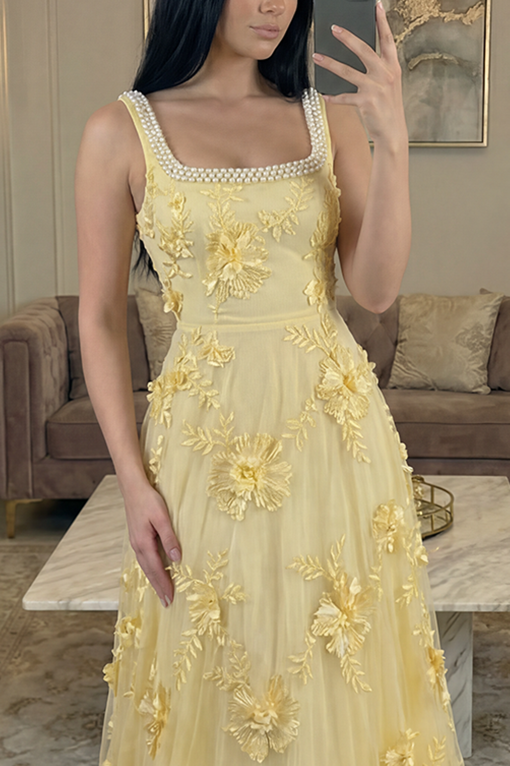 Sparkly Blush Floral Beaded A Line Square Neck Long Prom Dress