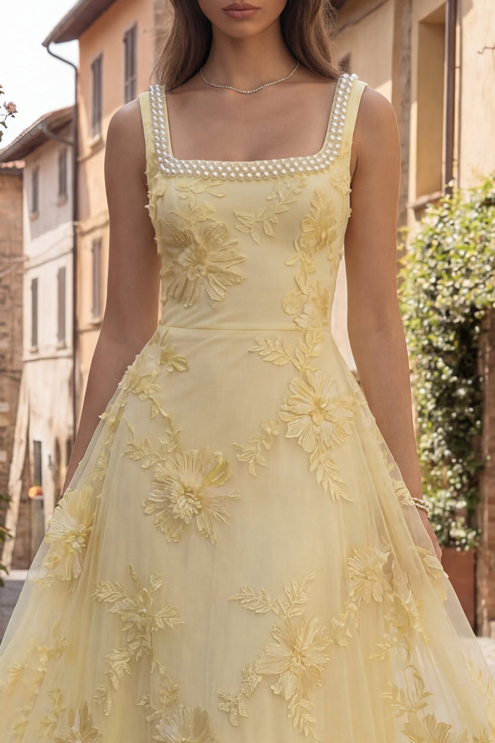 Sparkly Yellow Floral Beaded A Line Square Neck Long Prom Dress