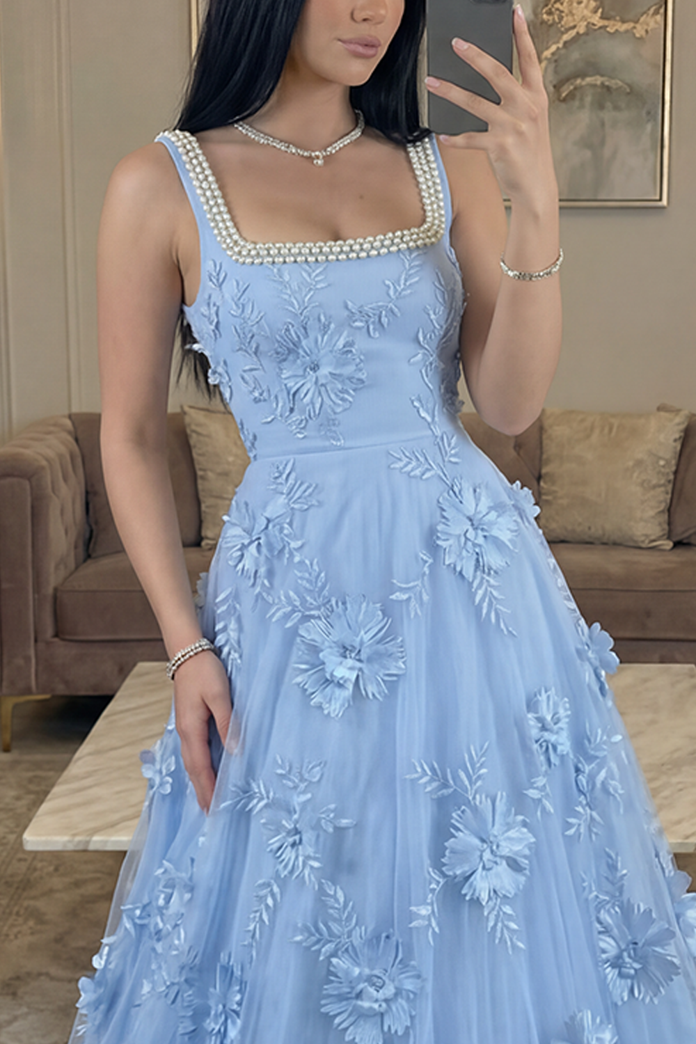 Sparkly Blush Floral Beaded A Line Square Neck Long Prom Dress