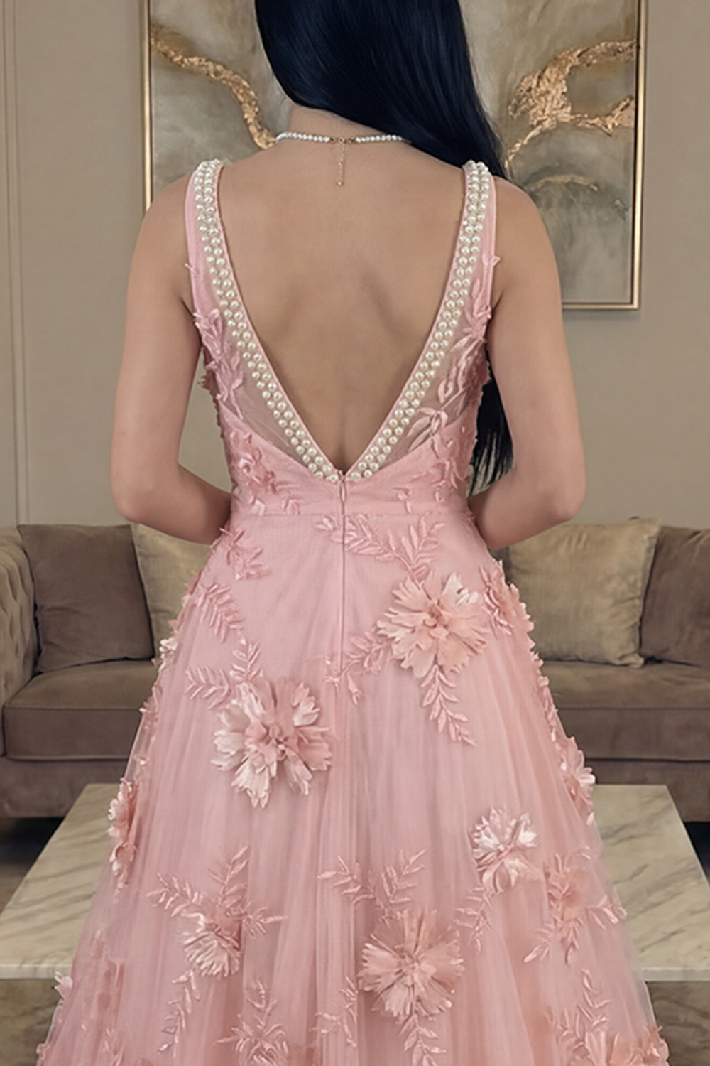Sparkly Blush Floral Beaded A Line Square Neck Long Prom Dress