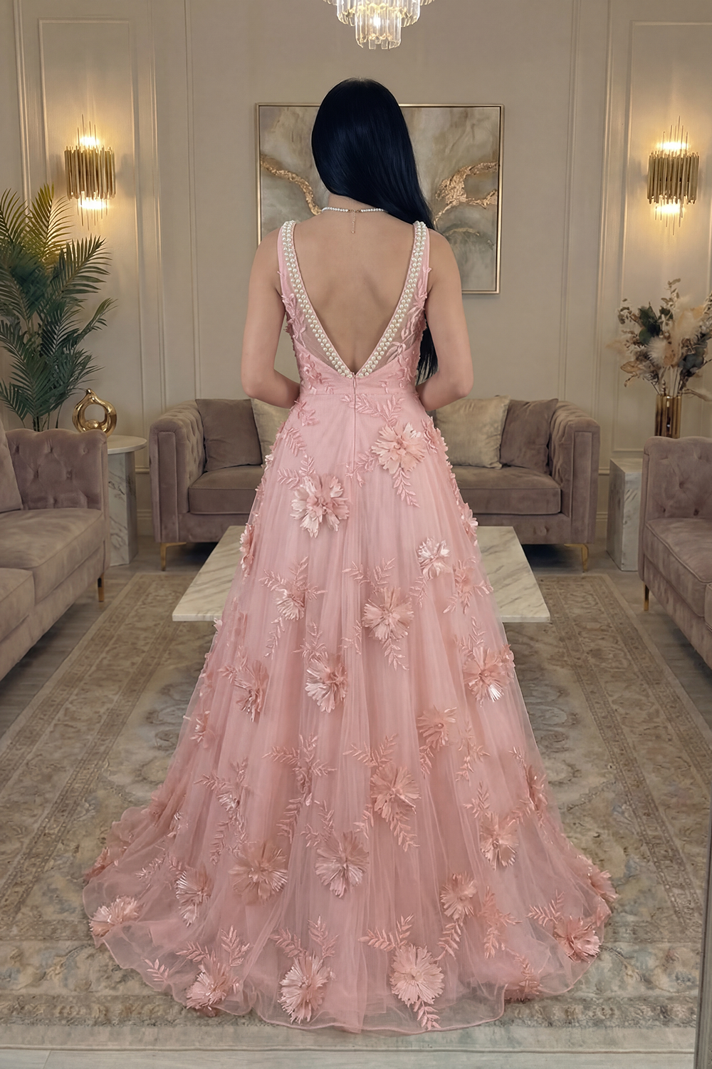Sparkly Blush Floral Beaded A Line Square Neck Long Prom Dress