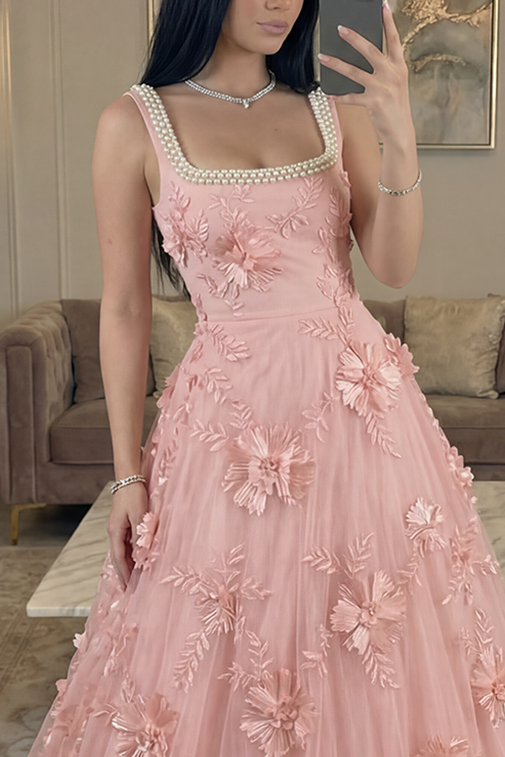 Sparkly Blush Floral Beaded A Line Square Neck Long Prom Dress