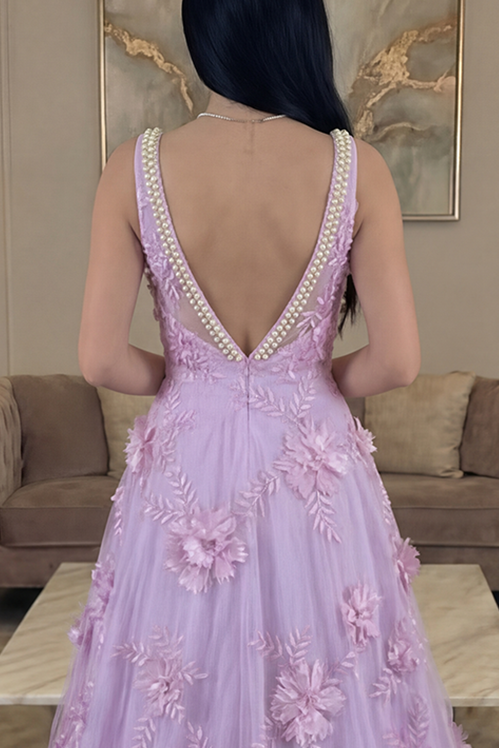 Sparkly Blush Floral Beaded A Line Square Neck Long Prom Dress