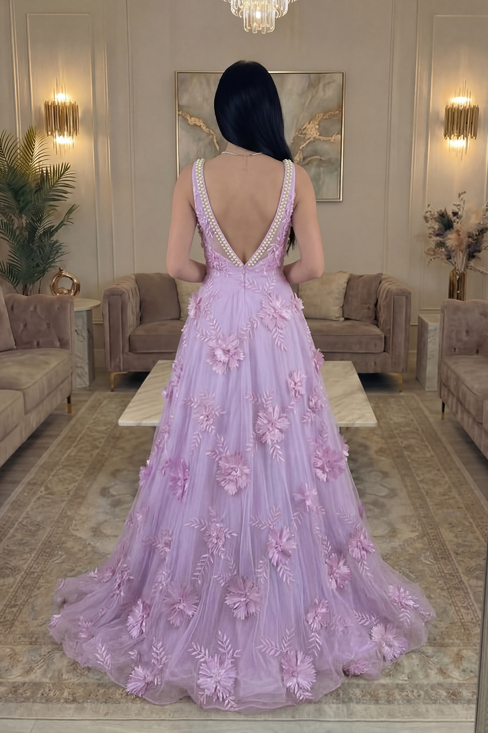 Sparkly Blush Floral Beaded A Line Square Neck Long Prom Dress