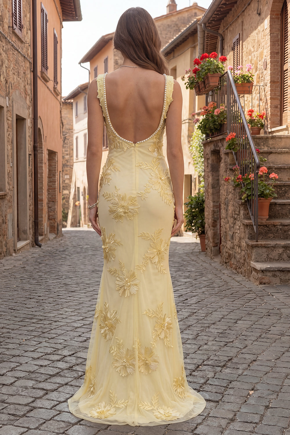 Yellow Floral Mermaid Square Neck Long Prom Dress with Pearls