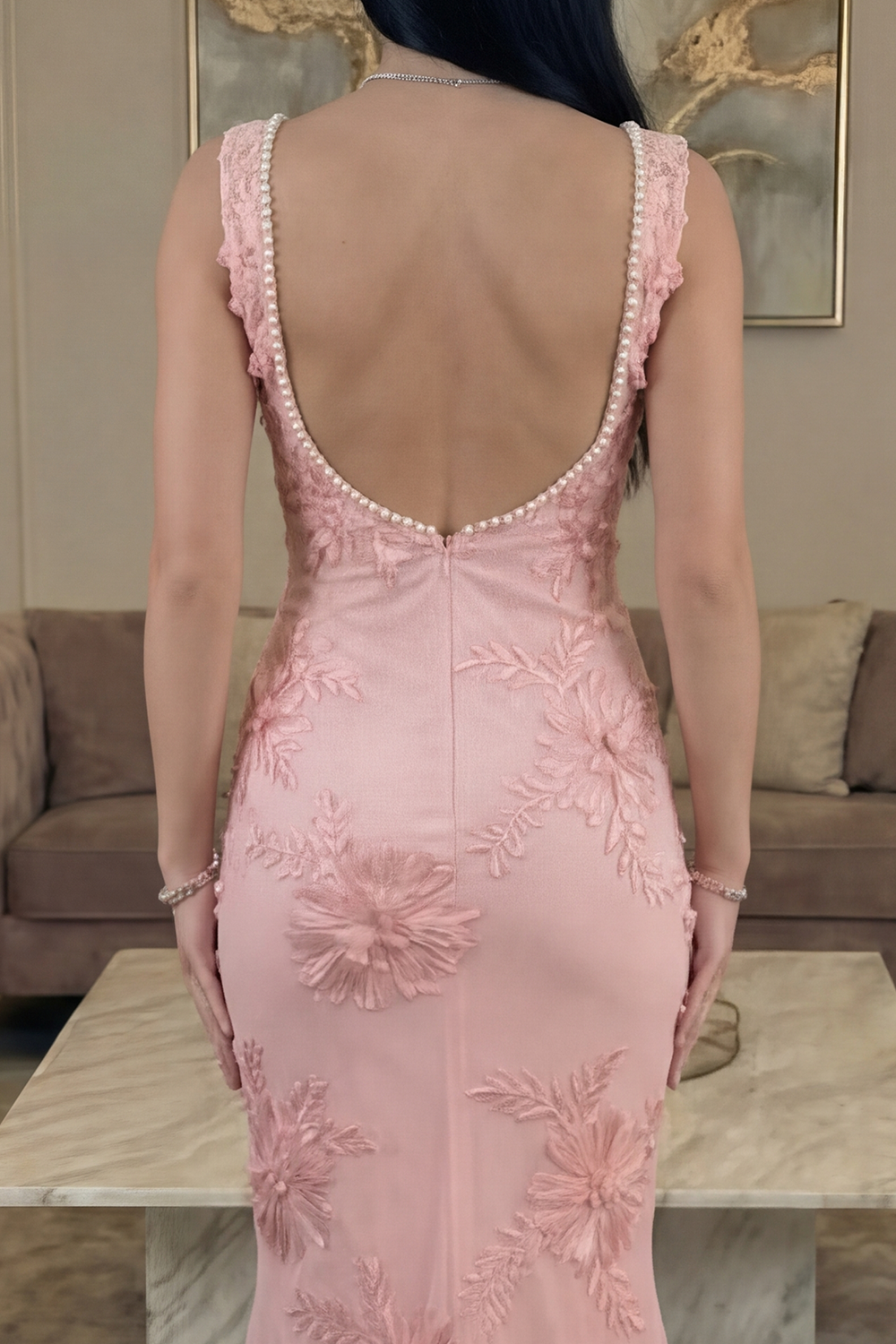 Yellow Floral Mermaid Square Neck Long Prom Dress with Pearls