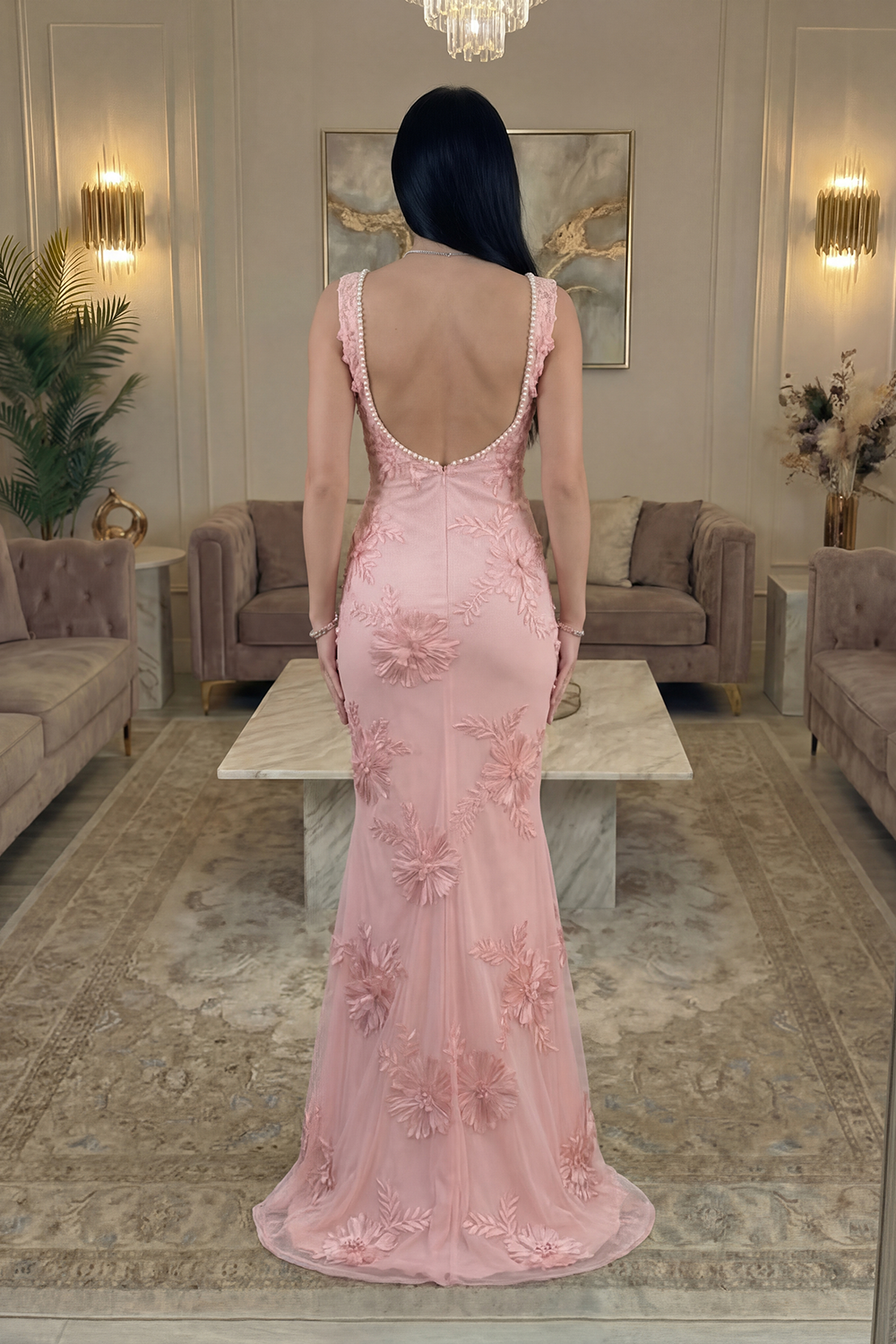 Yellow Floral Mermaid Square Neck Long Prom Dress with Pearls