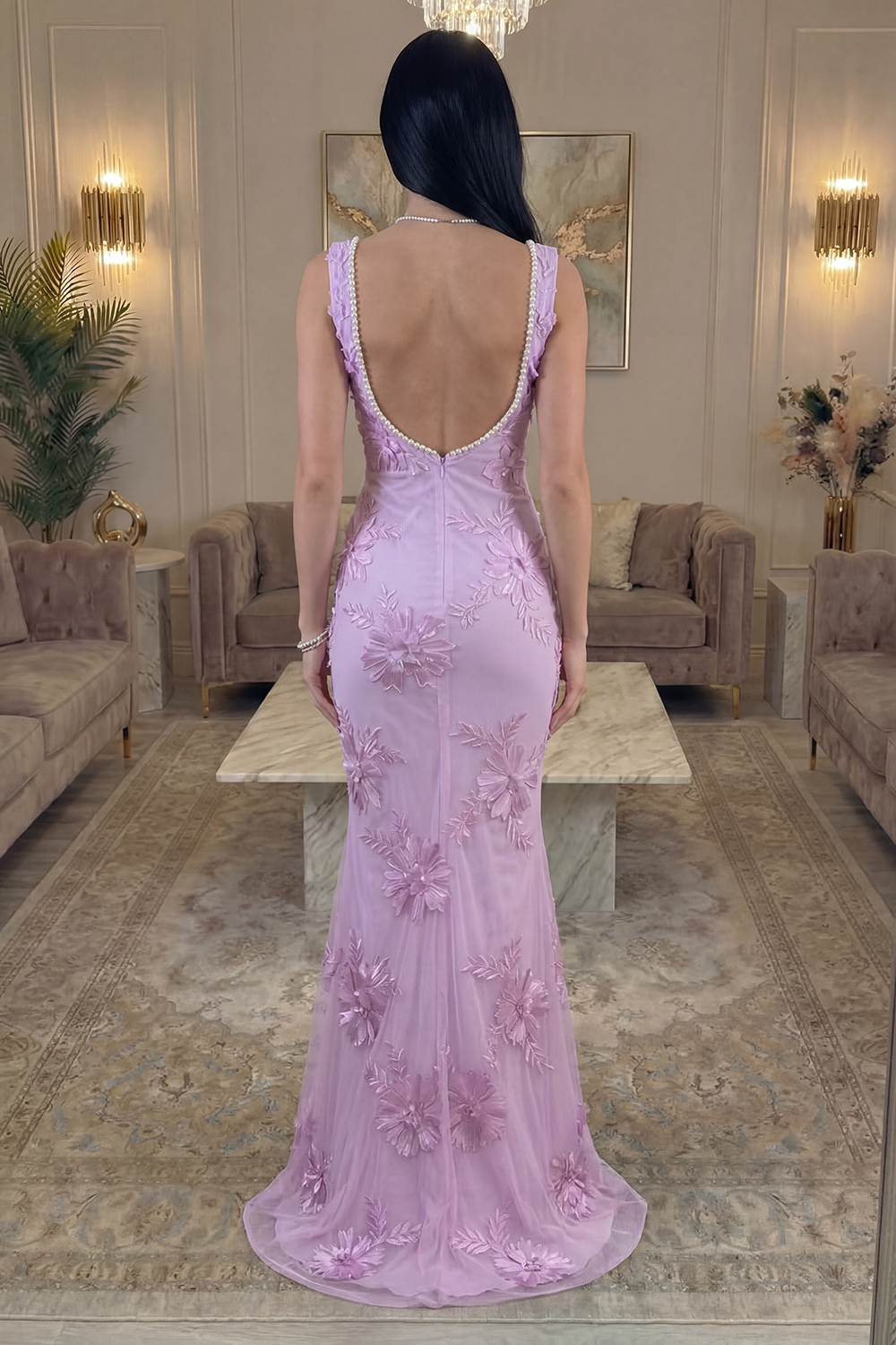 Yellow Floral Mermaid Square Neck Long Prom Dress with Pearls